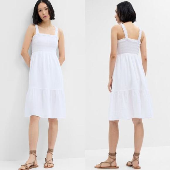 GAP Sleeveless Smocked Midi Dress In Pure White - Picture 1 of 5